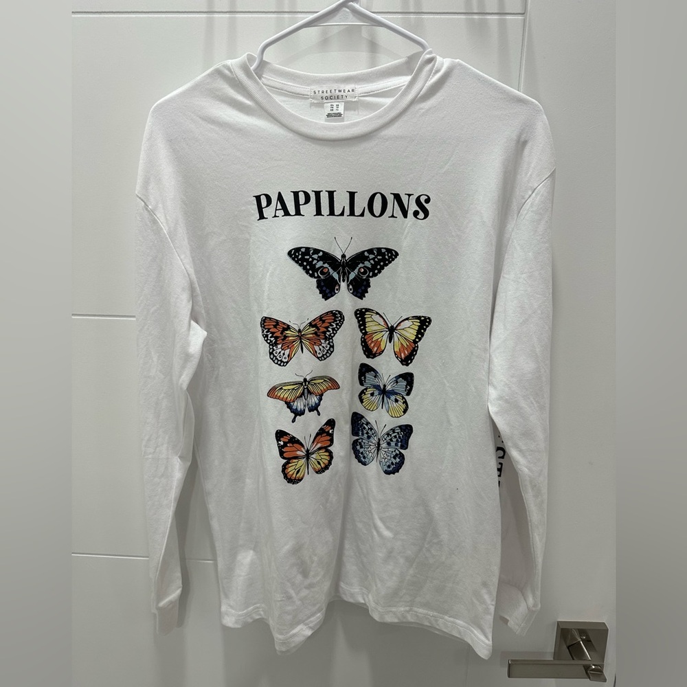 Streetwear Society white long sleeve with butterflies design